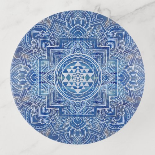 Sri Yantra   Sri Chakra Blue Watercolor Trinket Tray