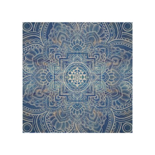 Sri Yantra   Sri Chakra Blue Watercolor Wood Wall Art