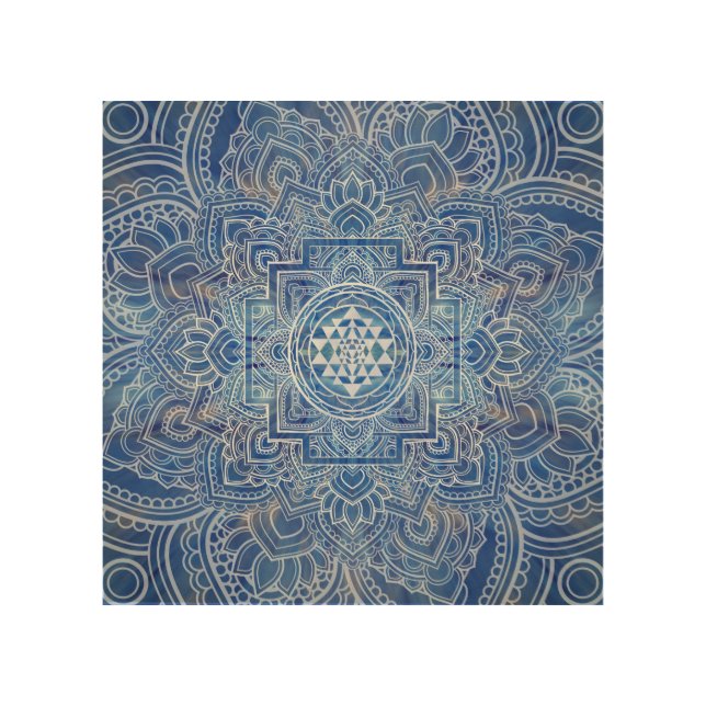 Sri Yantra  / Sri Chakra Blue Watercolor Wood Wall Art (Front)