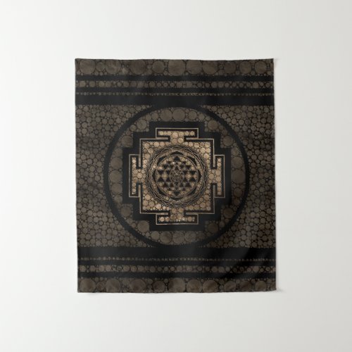Sri Yantra   Sri Chakra Dot Art Gold and Black Tapestry