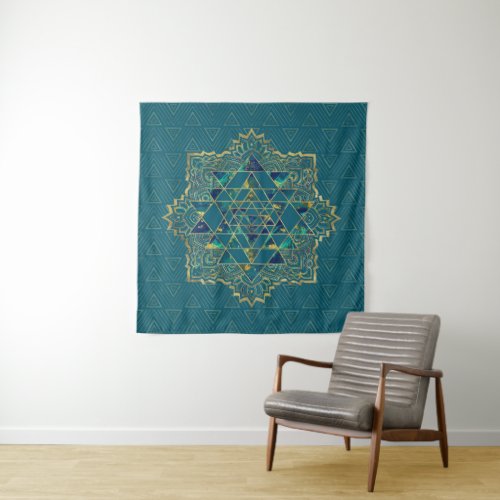 Sri Yantra   Sri Chakra Gold Marble and Teal Tapestry