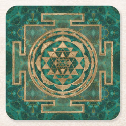 Sri Yantra   Sri Chakra Malachite and gold Square Paper Coaster