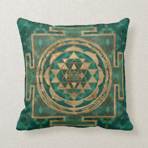 Sri Yantra / Sri Chakra Malachite and gold Throw Pillow
