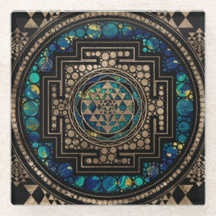 Sri Yantra / Sri Chakra Marble and Gold Glass Coaster