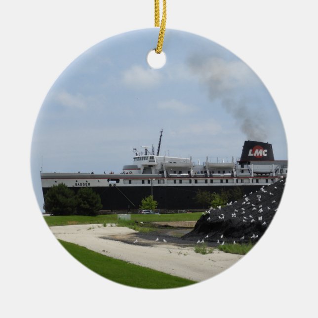SS Badger Coal Ship Loading in Manitowoc WI Ceramic Ornament (Front)