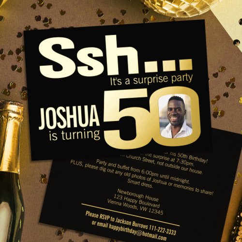Ssh... Surprise 50th Birthday party gold black Foil Invitation