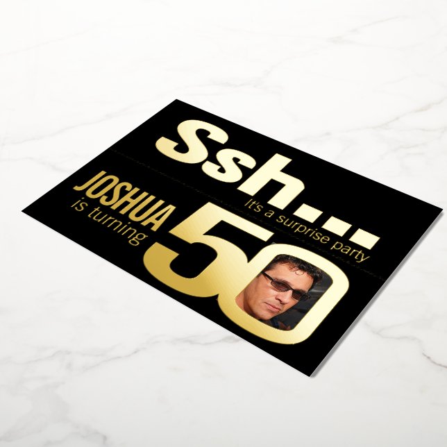 Ssh... Surprise 50th Birthday party gold black Foil Invitation (Rotated)
