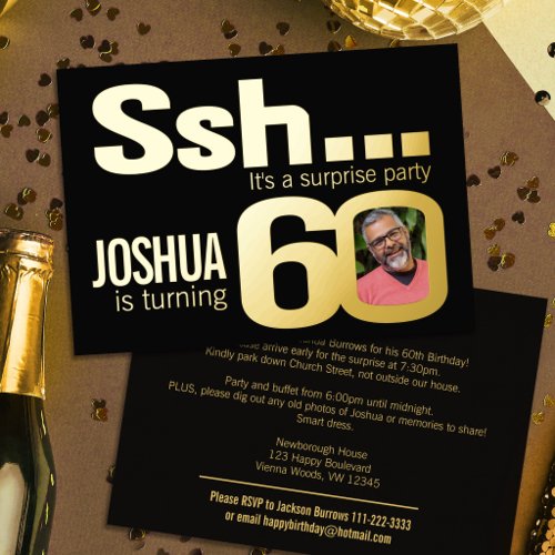 Ssh... Surprise 60th Birthday party gold black Foil Invitation