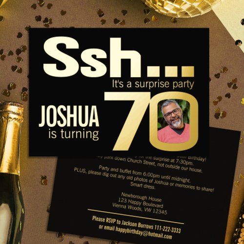 Ssh... Surprise 70th Birthday party gold black Foil Invitation