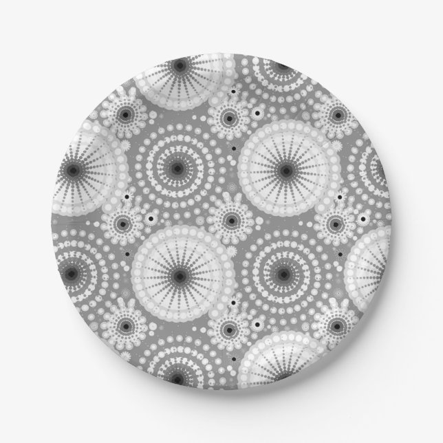 SStarbursts and pinwheels, grey, black and white Paper Plates (Front)