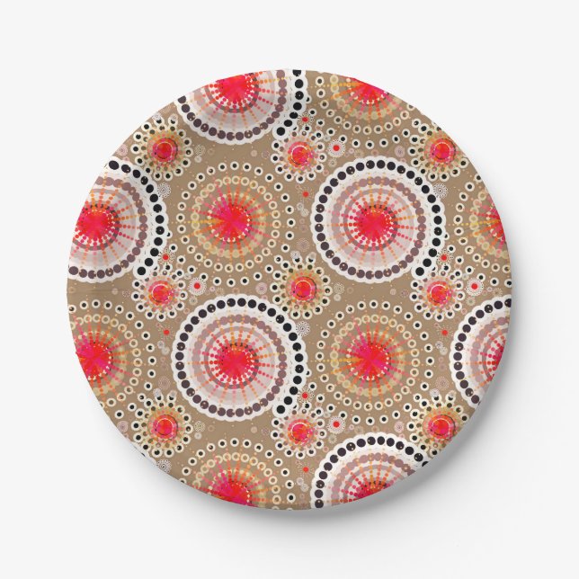 SStarbursts and pinwheels, taupe, red, white Paper Plates (Front)
