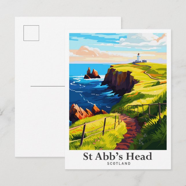 St Abb's Head Scotland Vintage Travel Illustration Postcard (Front/Back)