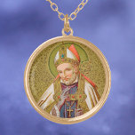 St. Alphonsus Liguori (SNV 02) (Round) Gold Plated Necklace<br><div class="desc">St. Alphonsus Maria de Liguori (1696–1787) was an Italian nobleman, a lawyer turned priest, prolific writer, founder of the Redemptorists, Bishop, and Doctor of the Church. Here, he is portrayed wearing his Bishop’s regalia—white miter and cope, light violet gloves, blue-violet robe, and gold pectoral cross. He carries his crosier or...</div>