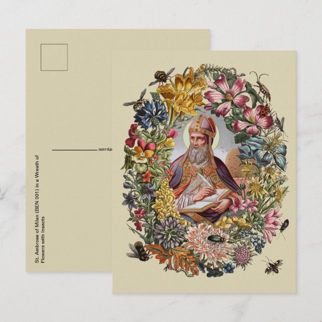 St. Ambrose of Milan with Flowers, Bees, and Hive Postcard (Front/Back)