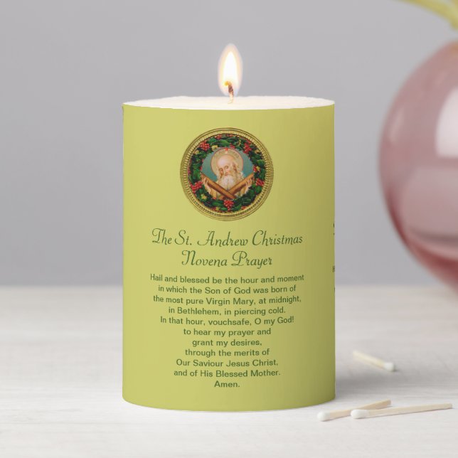 St. Andrew Christmas Novena Prayer Postcard Pillar Candle (In Situ)