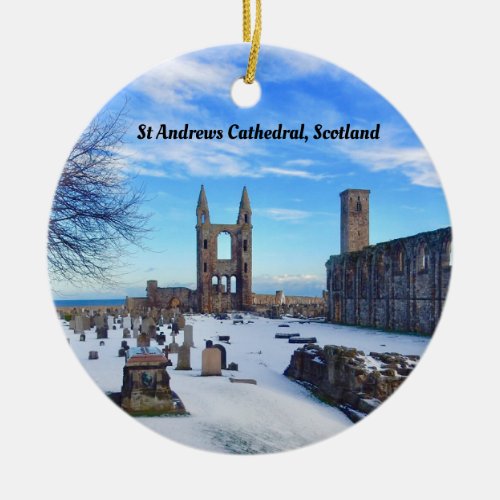 St Andrews Scotland Cathedral Ruins in Snow Ceramic Ornament