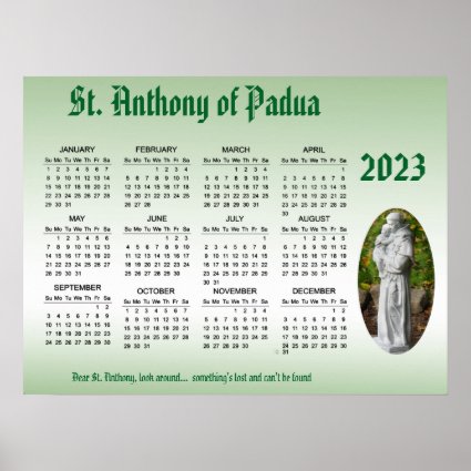 St. Anthony 2023 Green Catholic Calendar Poster