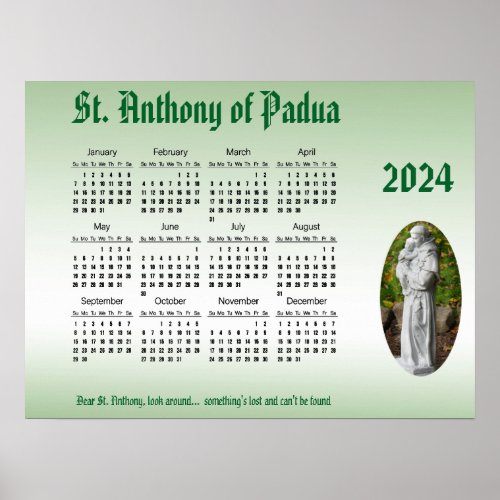 St Anthony 2024 Green Catholic Calendar Poster