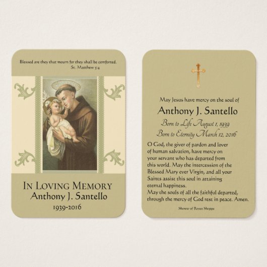 St. Anthony Baby Jesus Funeral Memorial Holy Card (Front & Back)