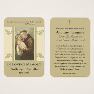 St. Anthony Baby Jesus Funeral Memorial Holy Card