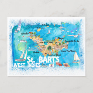 St Barts Antilles Illustrated Caribbean Map Postcard