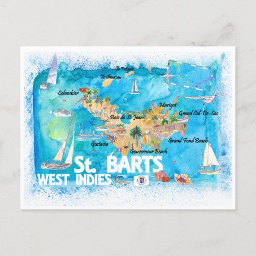 St Barts Antilles Illustrated Caribbean Map Postcard