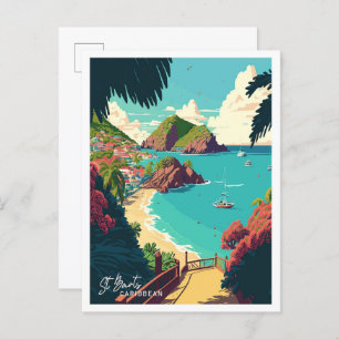 St Barts Caribbean Art Travel Vintage illustration Postcard
