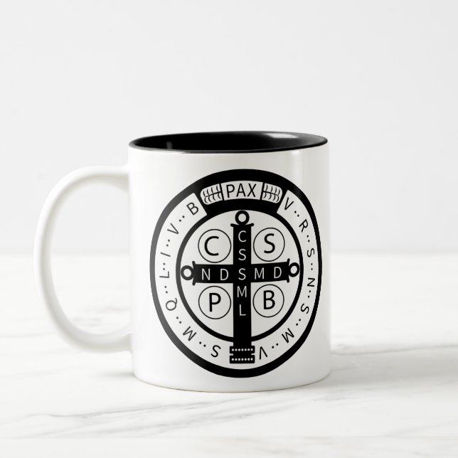 St. Benedict ""Devil-Chasing" Medal Two-Tone Coffee Mug (Left)