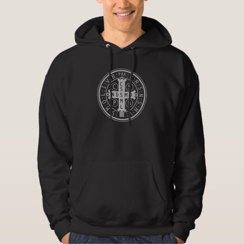 St Benedict Medal on Dark Hooded Sweatshirts