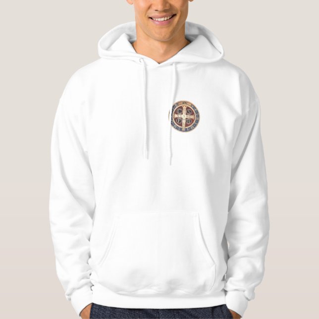 St. Benedict Medal on White Hooded Sweatshirt (Front)
