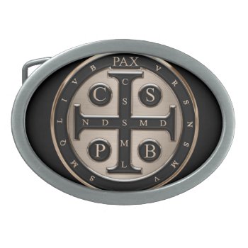 St. Benedict Medal Oval Belt Buckle by SteelCrossGraphics at Zazzle