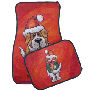 St. Bernard Christmas On Red Car Floor Mat