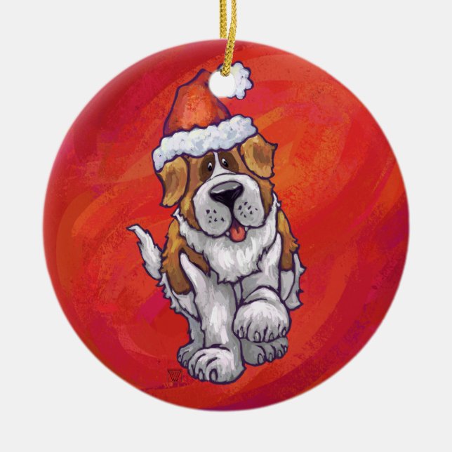 St. Bernard Christmas On Red Ceramic Ornament (Front)