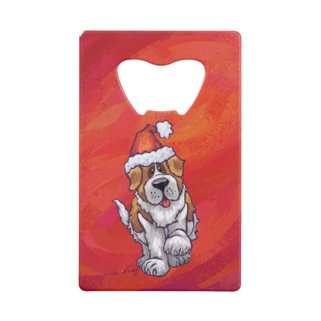 St. Bernard Christmas On Red Credit Card Bottle Opener (Front)