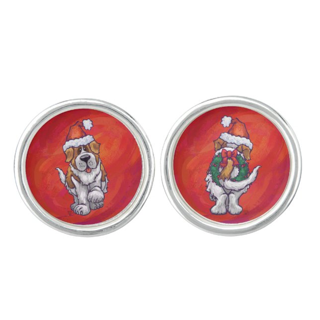 St. Bernard Christmas On Red Cufflinks (Front)