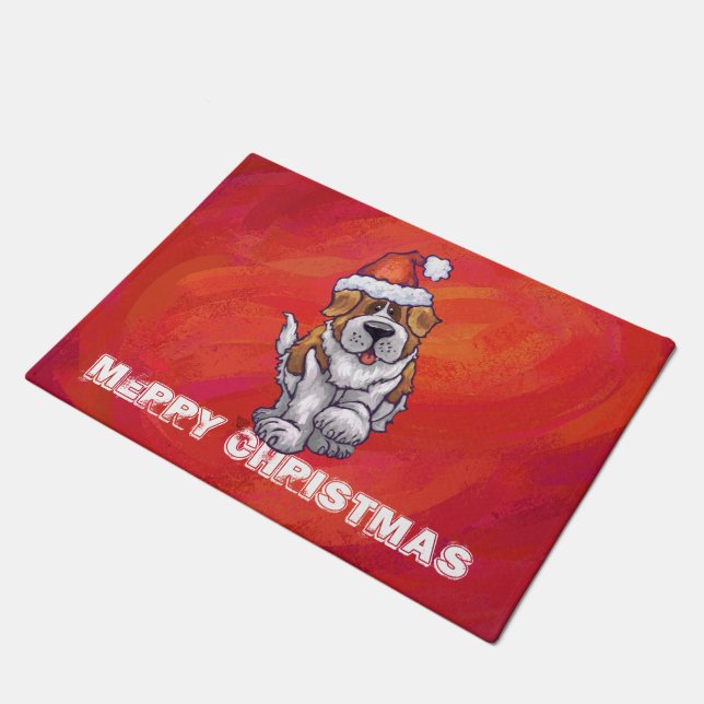 St. Bernard Christmas On Red Doormat (Angled)