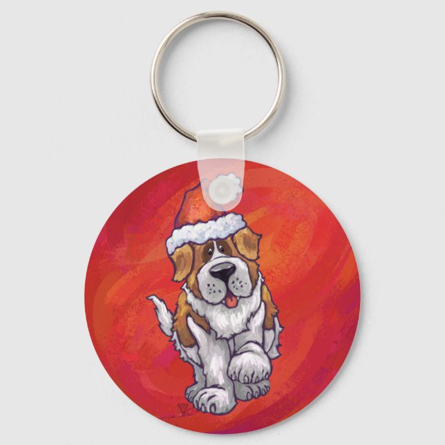 St. Bernard Christmas On Red Keychain (Front)