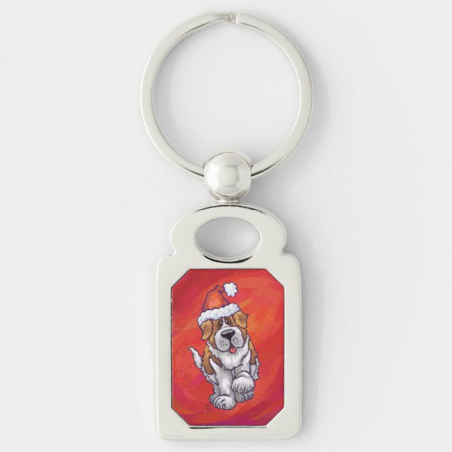 St. Bernard Christmas On Red Keychain (Front)