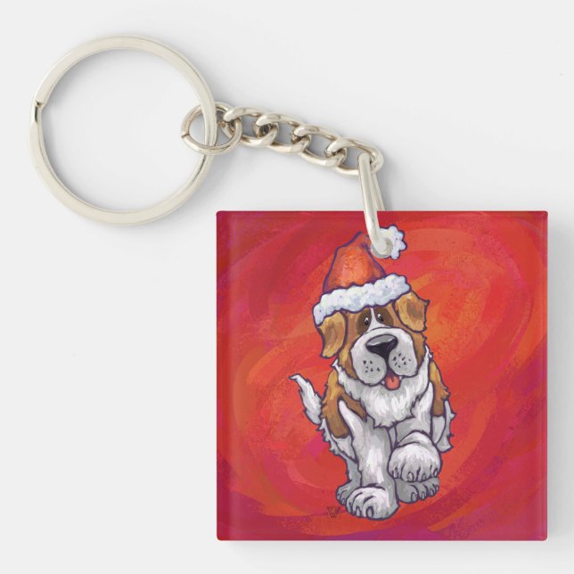 St. Bernard Christmas On Red Keychain (Front)