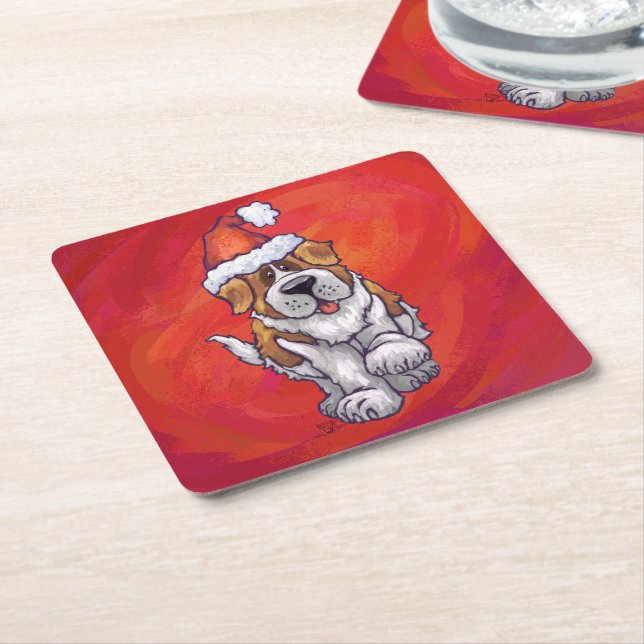 St. Bernard Christmas On Red Square Paper Coaster (Angled)