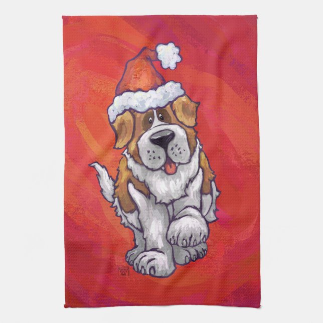 St. Bernard Christmas On Red Towel (Vertical)