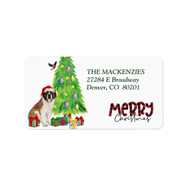 St Bernard Dog and Christmas Tree Return Address Label (Front)