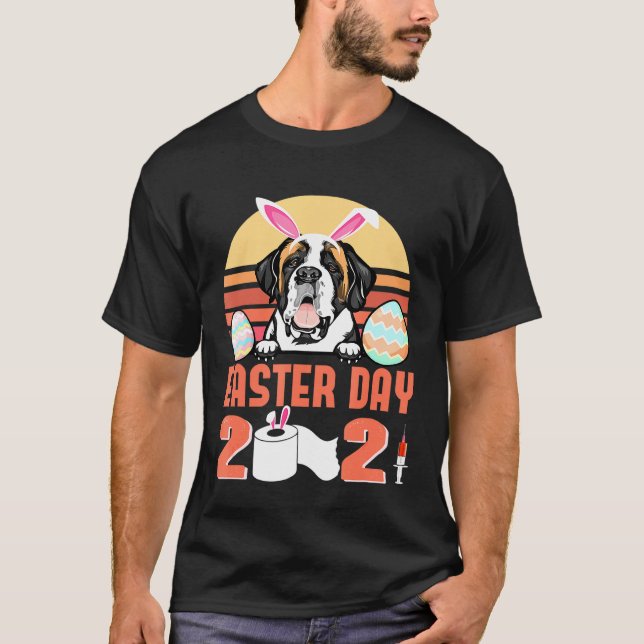 St Bernard Dog Face Mask Rabbit Bunny Egg Easter D T-Shirt (Front)