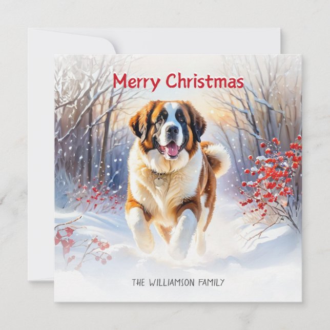 St Bernard Dog In Snow Merry Christmas Holiday Card (Front)
