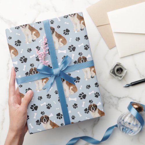 St Bernard Dog Paw Print Pattern on Silver Blue Wrapping Paper