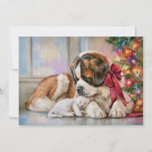 St. Bernard Dog White Kitten Fireplace Christmas Holiday Card