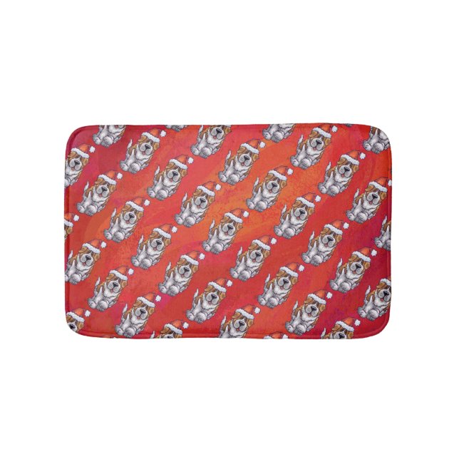 St. Bernard in Hat Pattern On Red Bath Mat (Front)