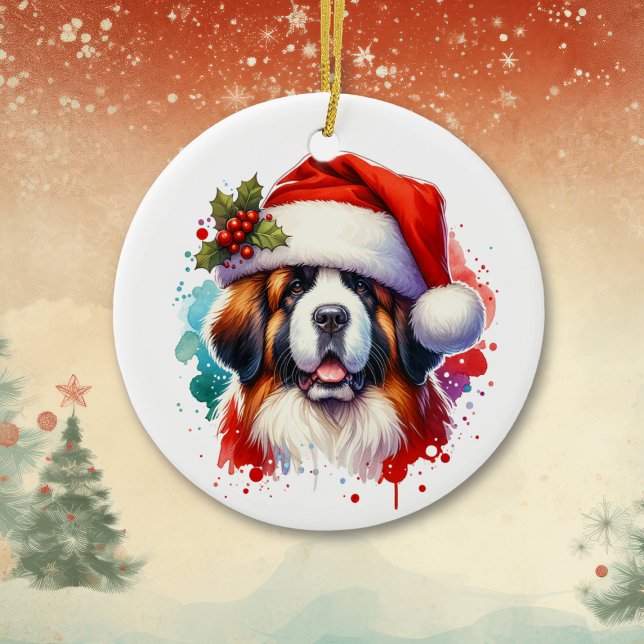 St Bernard in Santa Hat Personalized Christmas Ceramic Ornament (Creator Uploaded)