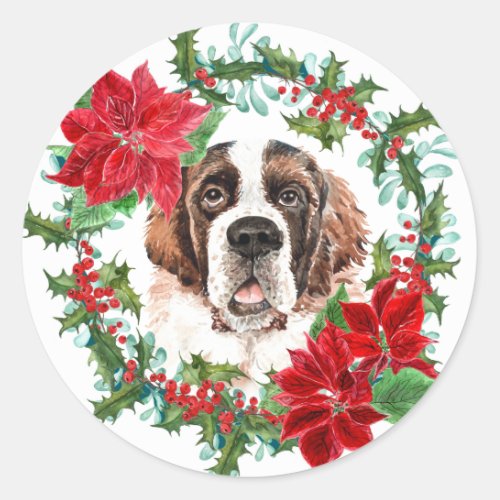 St Bernard Poinsettia Holly Christmas Wreath Classic Round Sticker