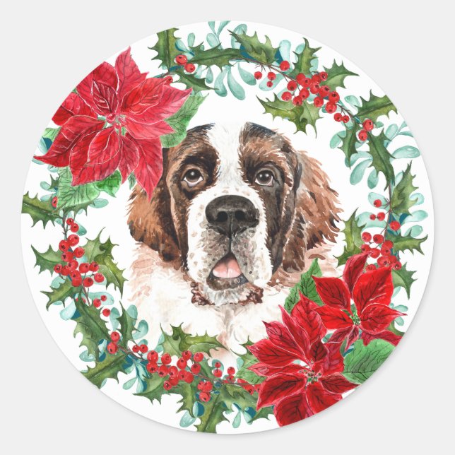 St Bernard Poinsettia Holly Christmas Wreath Classic Round Sticker (Front)